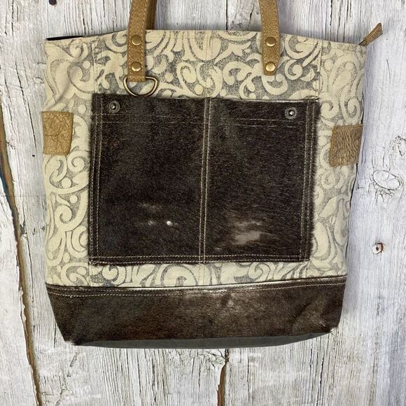 Myra The Gypsy Upcycled Canvas and Genuine Cowhide Leather Tote Bag - Picture 4 of 12